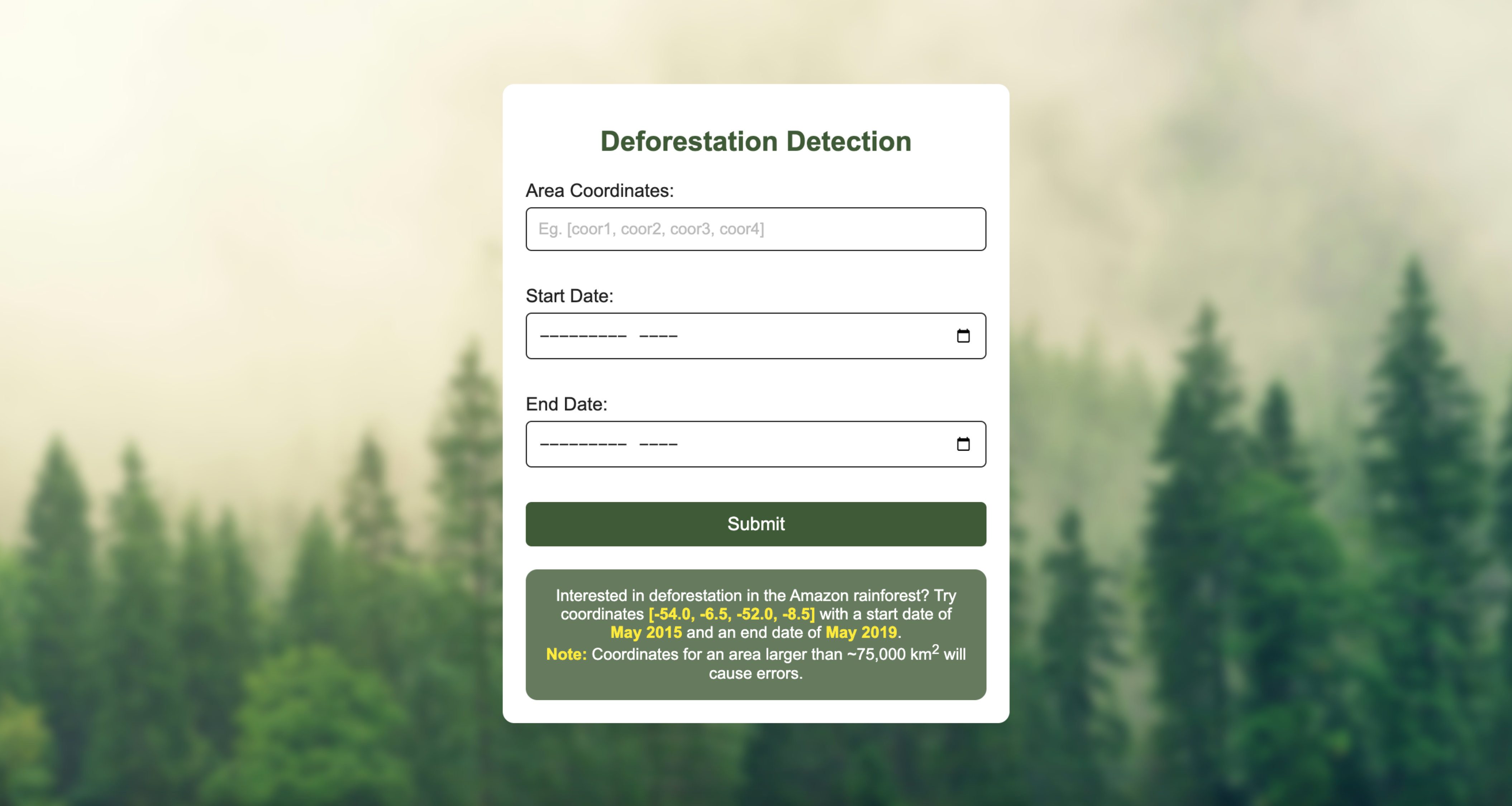 Deforestation Detector Homepage